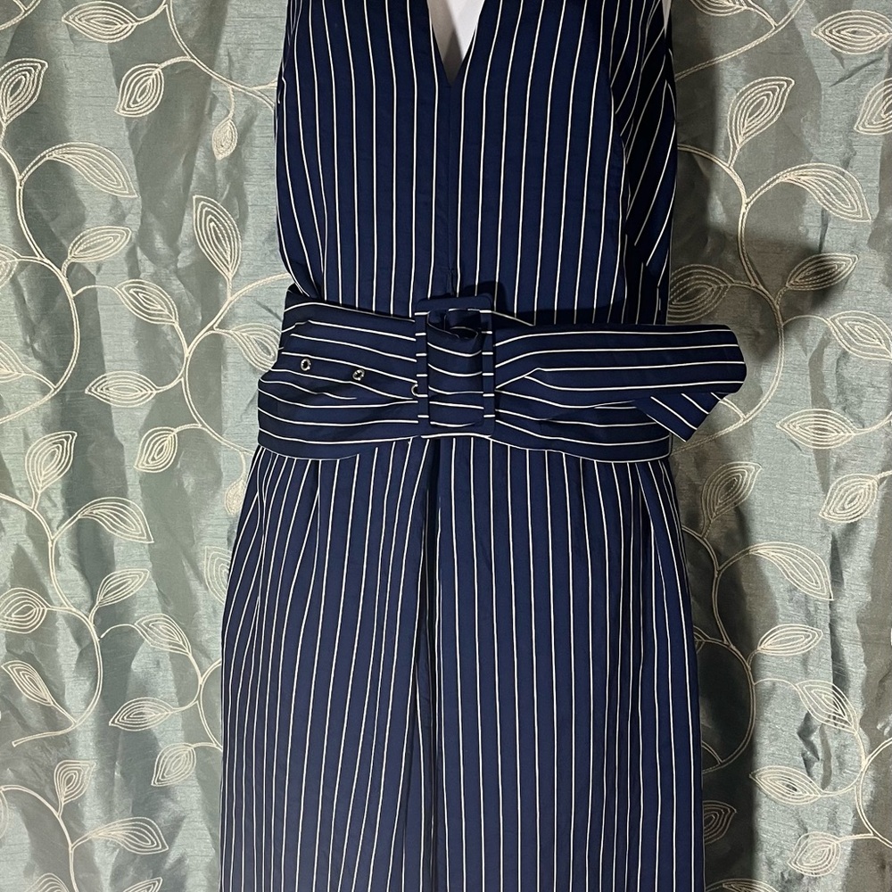 C/MEO Collective Cropped Culotte jumpsuit Wide Belt SZ S Navy & white stripe
